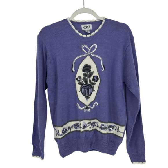 Vintage Wool Angora Embroidered Sweater M Purple Fairy Cottage Scalloped Neck - Picture 1 of 14